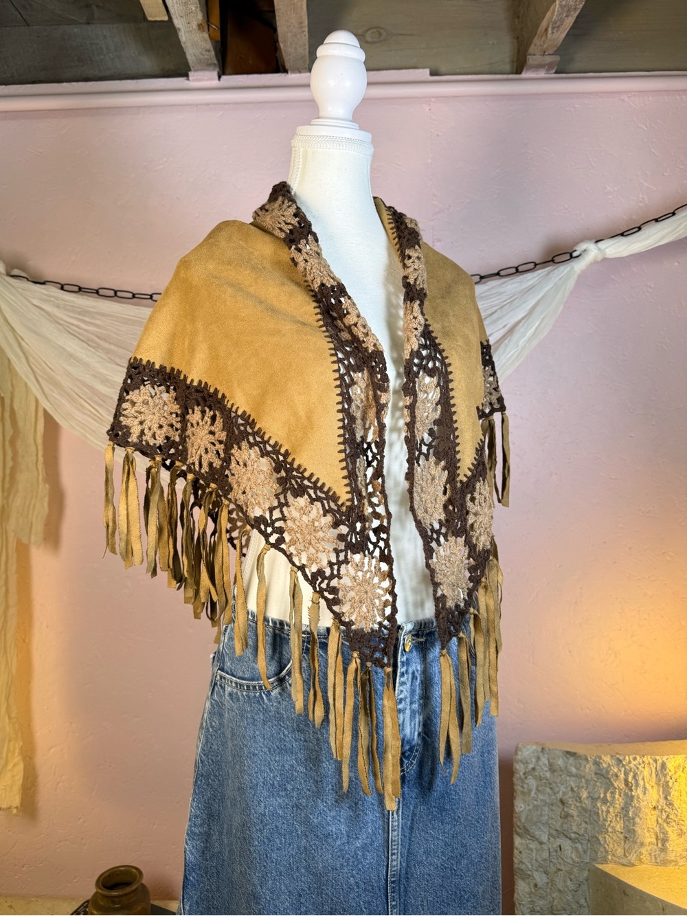 Boho Faux Suede Fringe Crochet Shawl Wrap